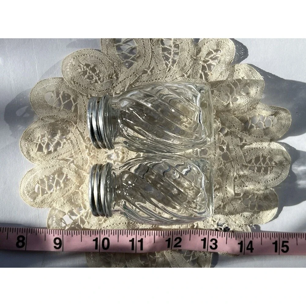 Vintage Clear Glass Swirl Design Silver Lid Aluminum Salt and Pepper Shakers